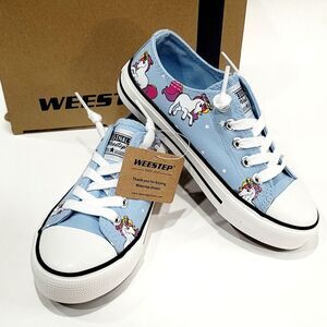 Weestep Kids Girls Lace Up Blue Unicorn Canvas Sneakers Shoes Size 11 NWT, NWB